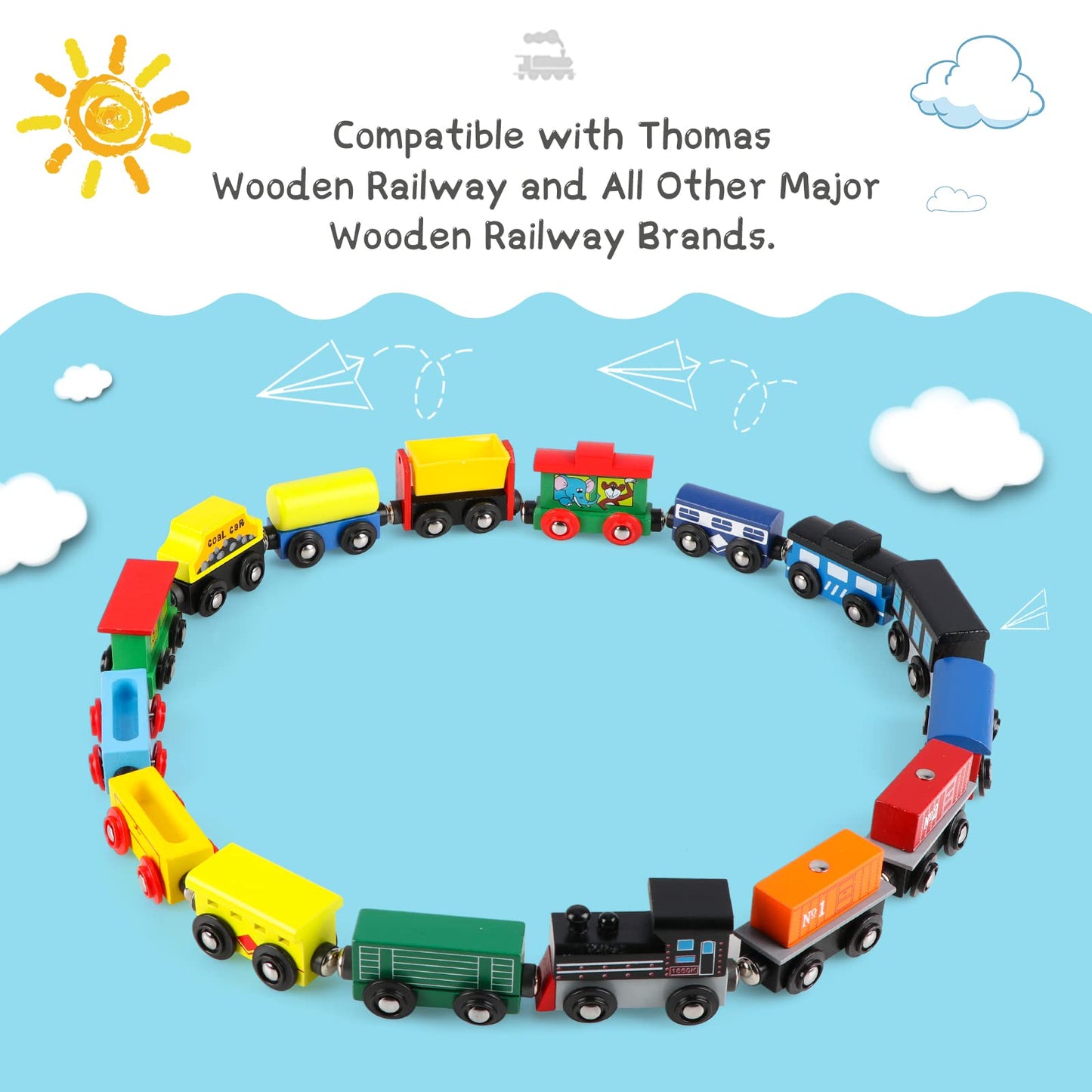 Wondertoys Wooden Train Set 16 PCS Train Toys Magnetic Set Includes Storage Bag - Wooden Track Accessories - Wooden Magnetic Car Set for Toddlers Kids Boys and Girls