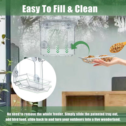 SVEDVK Clear Window Bird Feeder with Strong Suction Cups – Clear Bird Feeding Station with Dual Seed Tray & Water Bowl – Easy to Install and Clean for Outdoor Viewing