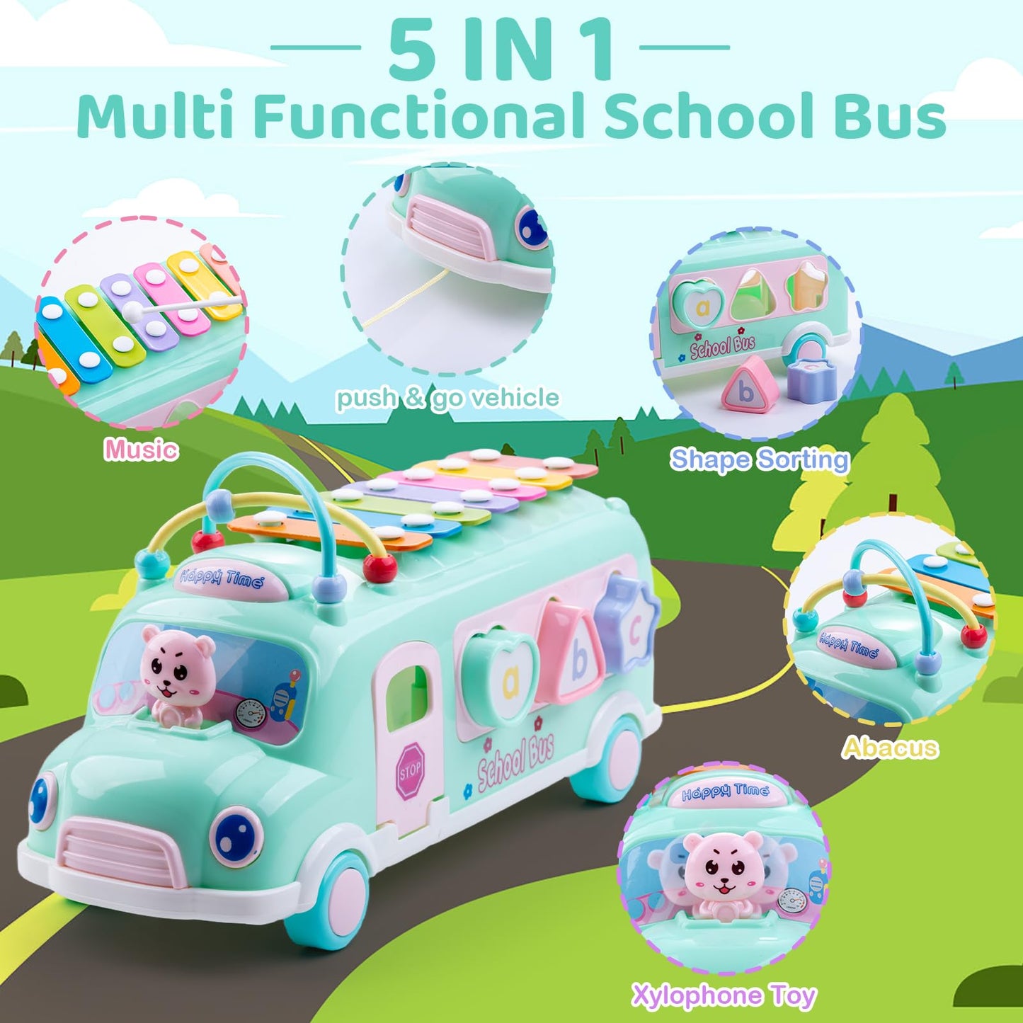 5-in-1 Baby School Bus Xylophone Toys for 1 Year Old Girl Gifts, Educational Baby Toy 6-12-18 Month, 1st Birthday Gril Gift, Toddlers Montessori Musical Baby Bus with Shape Sorter & Knock Hammer