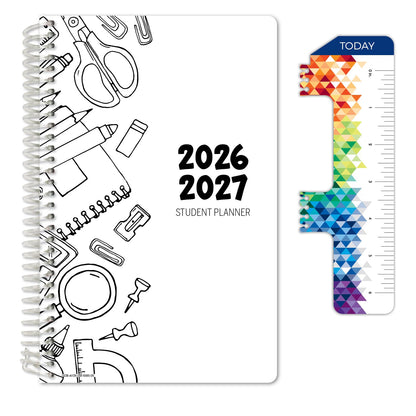 Global Datebooks 2026-2027 Middle & High School Student Planner 5.5" x 8.5" - Dated Weekly & Monthly Academic Planner w/Ruler/Bookmark & Stickers, For Homework, Matrix Style, Black Doodles