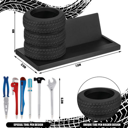 Feifeiya 7 Pcs Tire Pen Holder Tire Shape Funny Desk Accessories Include 6 Pcs Novelty Tool Car Business Card Holder Gift for Men Father's Day Mechanic Car Lover Salesman(Black,Metal)
