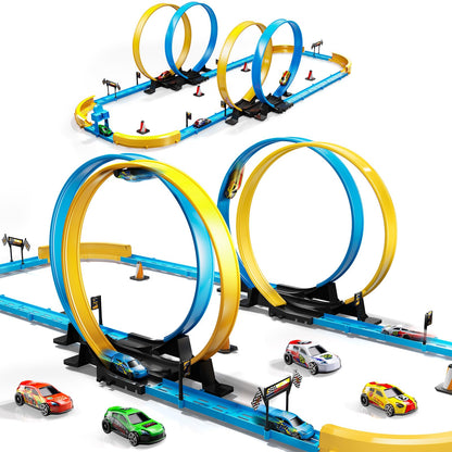LILYBUDS Toy Car Race Track Set for Boys Kids Age 3-5 4-7, Race Tracks with 4 Crash Zones and 1:64 Scale High-Speed Slot Cars, Christmas Halloween Birthday Gifts Toys for Toddlers Boys 4-8 8-12 Years