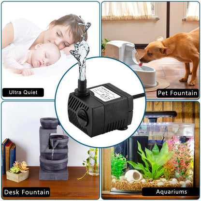 90 GPH Mini Submersible Pump, Small Fountain Pump (5W 350L/H) for water feature, Aquariums, Fish Tank, Tabletop Fountain, Pet Fountain, Indoor or Outdoor Pond Fountain