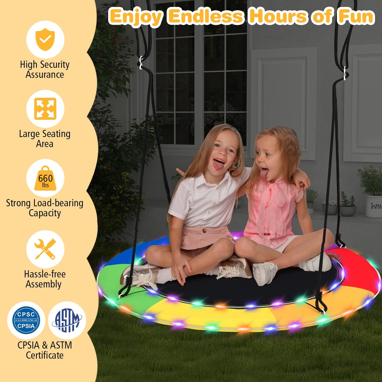 GLACER 40" Flying Saucer Tree Swing, 660 lbs Capacity Indoor Outdoor Hanging Round Swing with LED Lights, Adjustable Hanging Ropes, Ideal Gifts for Kids & Adults (Colorful)