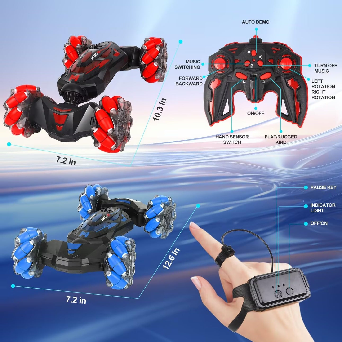 XAMIMM RC Stunt Car, 2.4 GHz 4WD Remote Control Gesture Sensor Toy Cars, Double Sided Rotating Off Road Vehicle 360° Flips with Lights Music, Drift rc car for Boys and Girls 5-13 Birthday