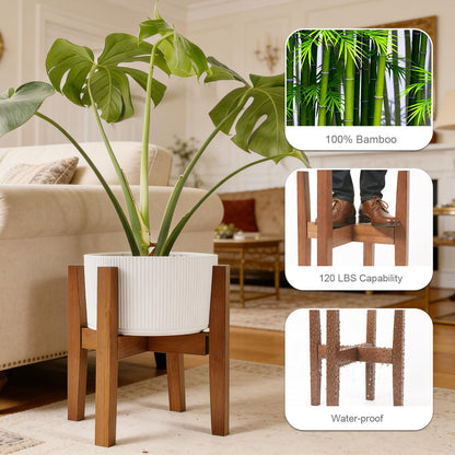 Lissomballon Natural Bamboo Plant Stand Indoor, Adjustable Plant Shelf Indoor Fits 8-12 Inch Pots, Mid Century Modern Decor to Refresh Your Space(Pot & Plant Not Included)