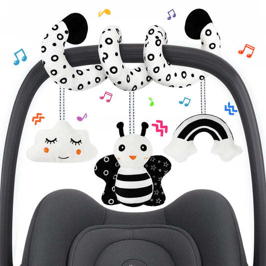Car Seat Toy,Stroller Toys,Car Seat Toys for Babies 0-6 months Boy Girl,Spiral Hanging Stroller Black and White High Contrast Sensory Toy Newborn Plush Activity Toys Thank You Gifts for 0 3 6 9 Months
