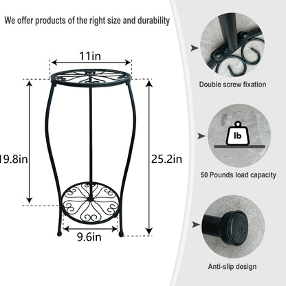 2 Pack 25.2 inch Metal Plant Stand Rack for Round Flower Pot, 2 Tier Potted Holder Indoor Outdoor Rustproof Wrought Iron Heavy Duty Planter Shelf for Corner Living Room Balcony Garden Patio, Black