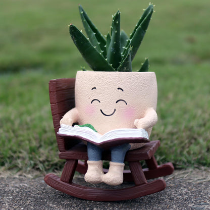 Dolkgy Cute Plant Pots Head Planters, Funny Rocking Chair Reading Book Planter Cactus Face Pot with Drainage Hole for Indoor Outdoor Plants, Unique Plant Lover Gifts