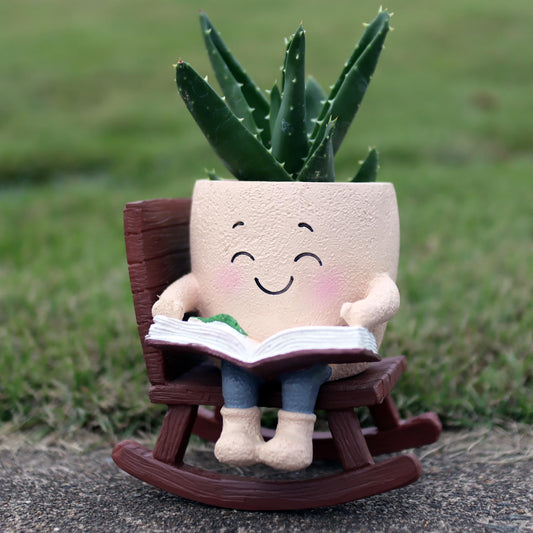 Dolkgy Cute Plant Pots Head Planters, Funny Rocking Chair Reading Book Planter Cactus Face Pot with Drainage Hole for Indoor Outdoor Plants, Unique Plant Lover Gifts