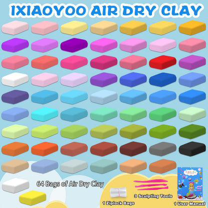Ixiaoyoo Air Dry Clay, 64 Colors Modeling Clay for Kids, Creative DIY School Arts & Crafts Kit, Soft & Non-Sticky, Birthday & Christmas Toys Gifts for Age 3 4 5 6 7 8+ Years Old Boys Girls Kids