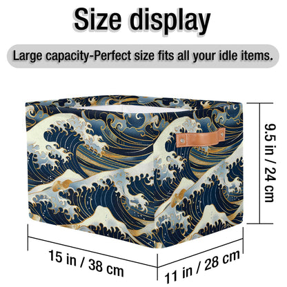 HSYOYO Ocean Waves Japanese Storage Basket with Handles Collapsible Storage Bins Rectangular Toy Storage Organizer Box Fabric Shelf Baskets for Nursery Bedroom Bathroom 1PC