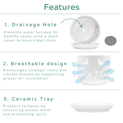 Thriving Thicket 2 Pack, 5 + 6 Inch White Orchid Pots with Butterflies and Tulips Holes and Saucer, Ceramic Orchid Planters for Repotting with Drainage Holes and Tray Indoor Outdoor, Butterfly Gift