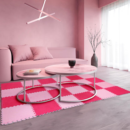 Ceenna 60 Pieces Plush Puzzle Foam Floor Mat Square Interlocking Carpet Tiles with Fluffy Play Mat Floor Tiles Soft Climbing Area Rugs for Living Room Floor Gym Area(Pink, Rose Red)