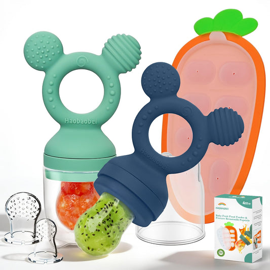 HAOBAOBEI Baby Fruit Feeder 2 Pack with Freezer Tray, 4 Silicone Pouches in 3 Sizes, Breastmilk Popsicle Mold, Food Feeder Pacifier and Silicone Teether for Teething Relief, 4+ Months