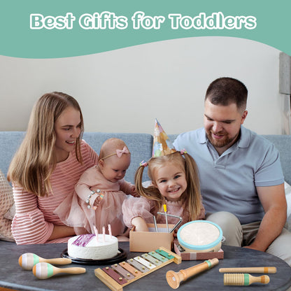 Raimy Kids Musical Instruments Set - Neutral Colors Wooden Montessori Toys Percussion Music Modern Boho Xylophone Birthday Gifts for 1 2 3 Year Old Baby Toddlers Boys Girls 3+ with Storage Bag