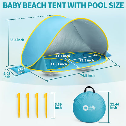 QTREE intelligence 2-IN-1 Baby Beach Tent with 2 Pool for 2 kids,74.8*41.7*35.4 inch UV Protection Sun Shelter Pop Up Play Canopy, Easy setup portable tent for Beach,Camping,Picnic,Poolside,Indoor