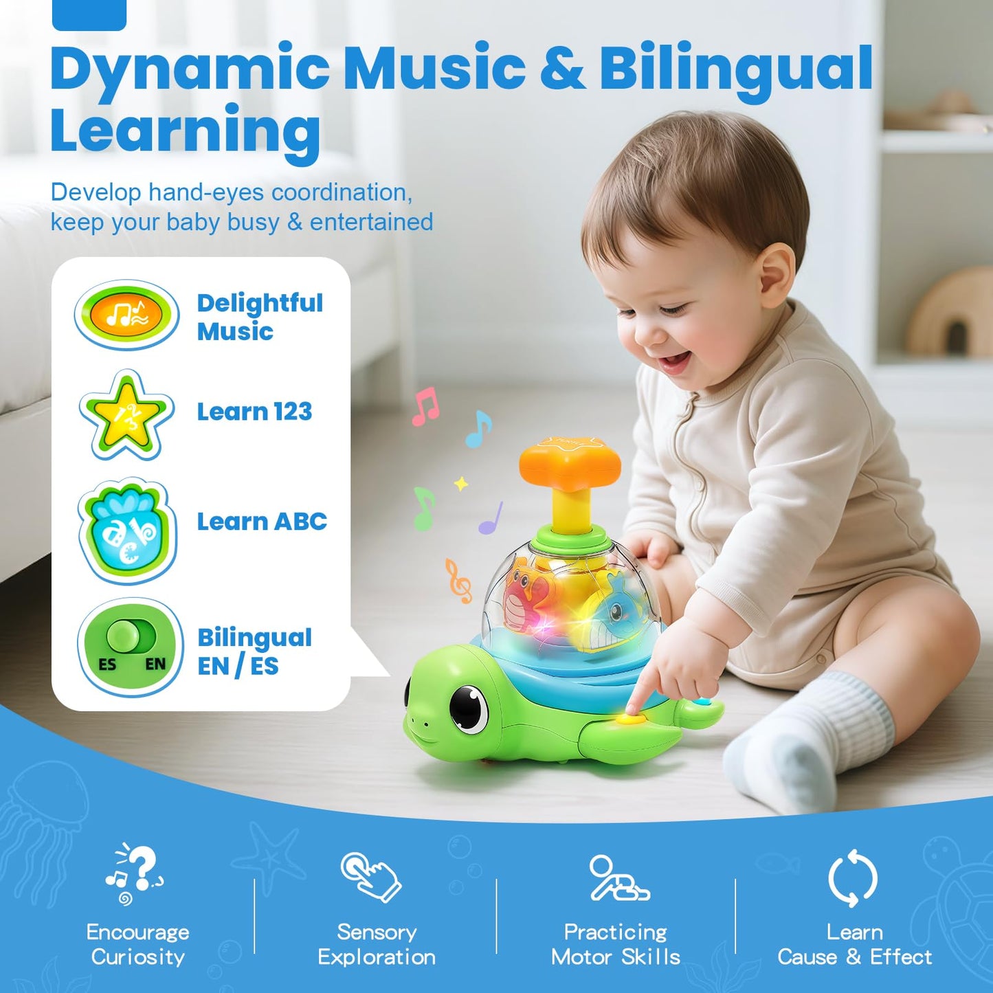 Baby Crawling Toys 6-12 Months, Musical Light-up Toys for 1 Year Old, Press to Spin Turtle for Cause and Effect, Infant Tummy Time Early Learning, Christmas Birthday Gifts Boy Girl 7 8 9 10 11 Month