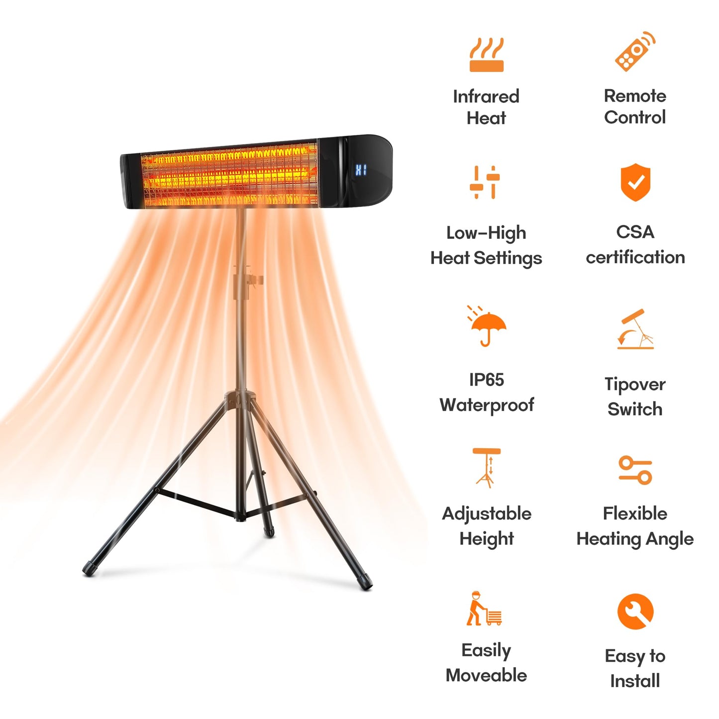Paraheeter Electric Outdoor Heater, Infrared Patio Heater for Outdoor/Indoor Use, Wall Mounted/Ceiling/Tripod Infrared Heater Outdoor, 1500W Electric Patio Heater, CSA certificate.