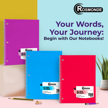 Rosmonde 50 Pack, 1 Subject Spiral Notebook Wide Ruled Bulk, 140 Pages (70 Sheets), Thick No-Bleed Paper, 8 x 10-1/2", 3 Hole Punched, 1 Subject Spiral Notebook Bulk, Bulk Subject Notebook