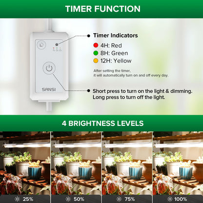 SANSI T8 Grow Lights for Indoor Plants, 2FT 4000K Full Spectrum, 25W (195W Equivalent) LED Grow Light Strips with 4-Level Dimmable, Auto On Off 4 8 12 Hrs Timer, IP54 Waterproof for Seed Starting
