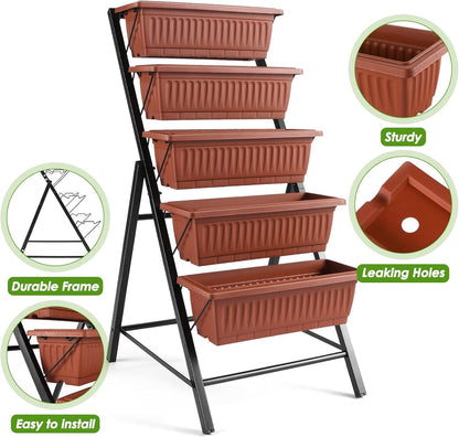 Suyncll 2 Pack Vertical Raised Garden Bed, 5 Tiers Elevated Planter Box with Drainage System and 4 Hooks, 4FT Vertical Planter for Herbs Vegetables Flowers, Dark Red