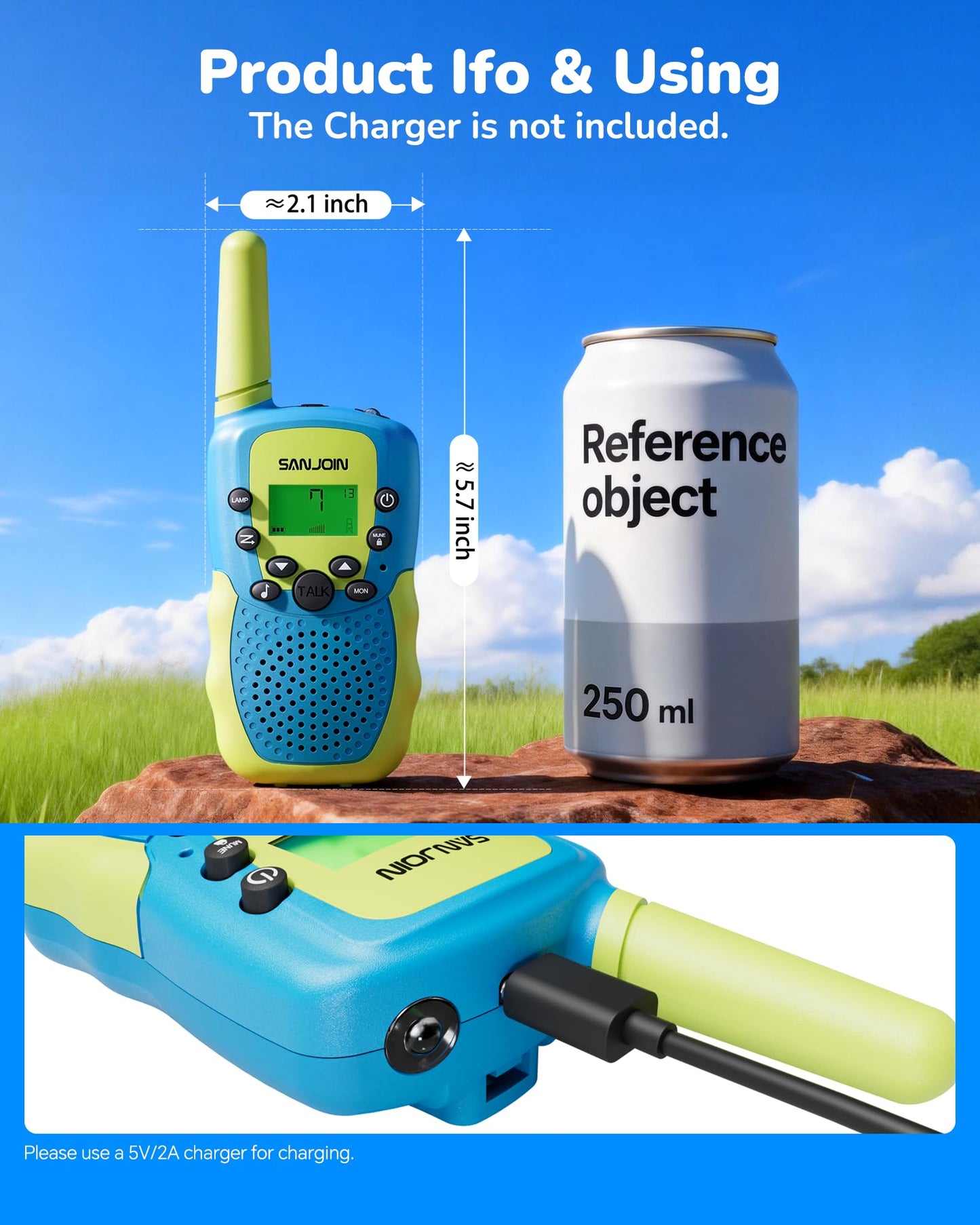 SANJOIN Rechargeable Walkie Talkies for Kids,Outdoor Toys for 3-12 Years Old Boys Girls for Outside, Hiking,Camping Games Walkie Talkie 2000 mAH Battery for 3-6 7-9 10-12 Years,2 Pack