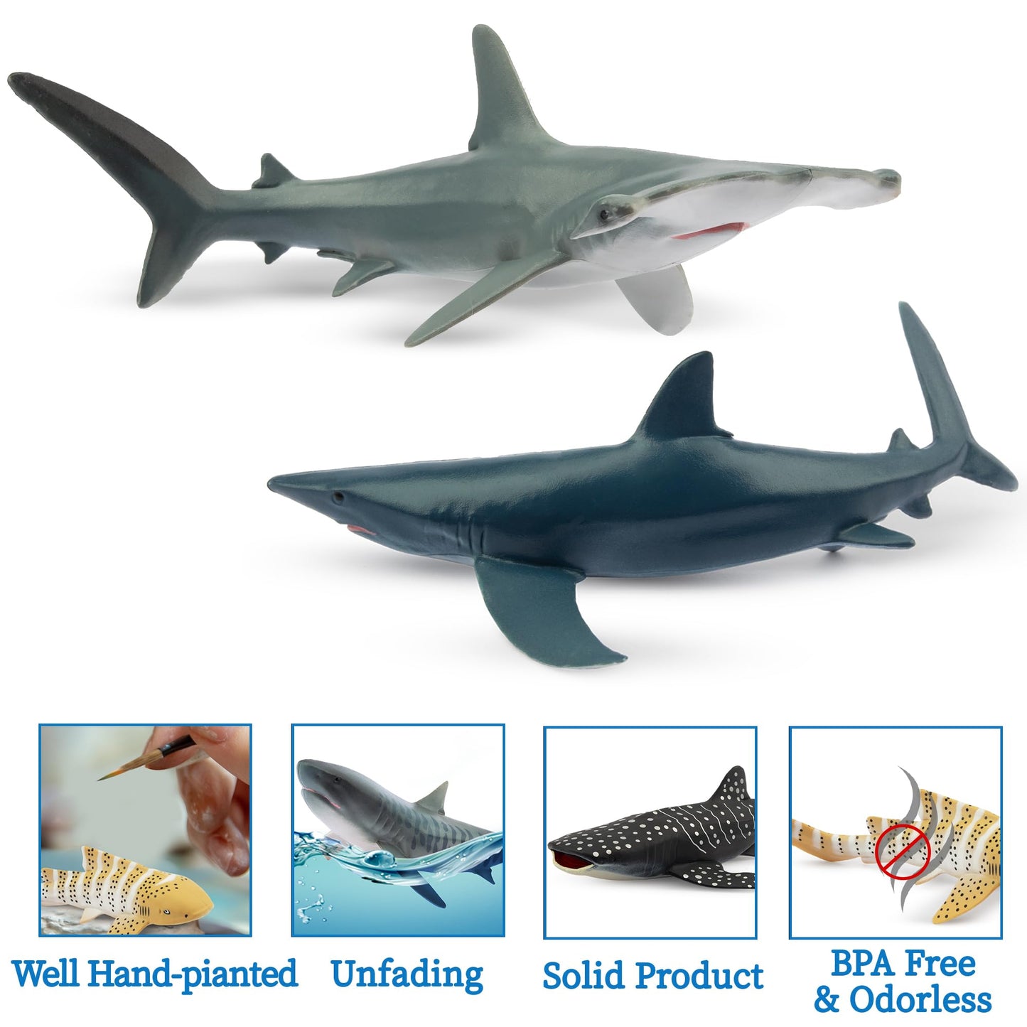Toymany 6PCS 5-6" L Realistic Shark Bath Toy Figurines, Plastic Ocean Sea Animals Figures Set Includes Great White Shark Cake Toppers Christmas Birthday Gift for Kids Toddlers