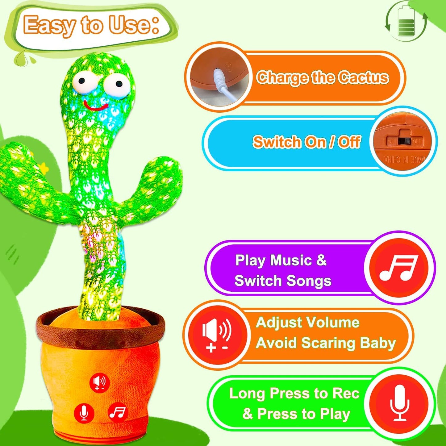 Vitosup Rechargeable Baby Toys Dancing Talking Cactus Toy, Volume Adjustable, Singing Mimicking Repeating, Easter Gifts/Easter Basket Stuffers for Baby Toddler, Baby Infant Toys Gifts for Girls Boys