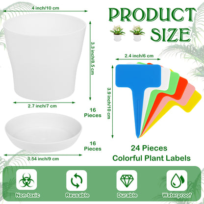Aodaer 16 Pack 4 Inch Plastic Planters with Multiple Drainage Holes and Tray Indoor Outdoor Flower Plant Nursery Pots with Labels Flower Seedling Pots for Herb Garden Home Succulents, White