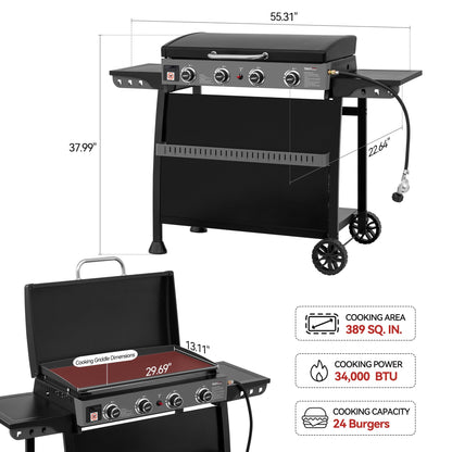 Royal Gourmet PD4001 4 Burner Propane Gas Griddle with Removable Standing Cart, Convertible to Tabletop Design, Flat Top Grill with Hood for Camping, Tailgating, Backyard, Black