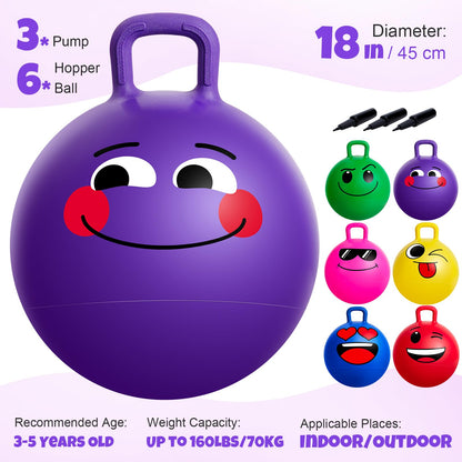 Upper Rider 6 Pcs Hopper Ball for Kids 3-8, 18 Inch Bouncy Ball with Handle, Inflatable Hippity Hop Bounce Jumping Hopping Toys for Toddlers Boys Girls Gifts, Pink Blue Red Purple Green Yellow