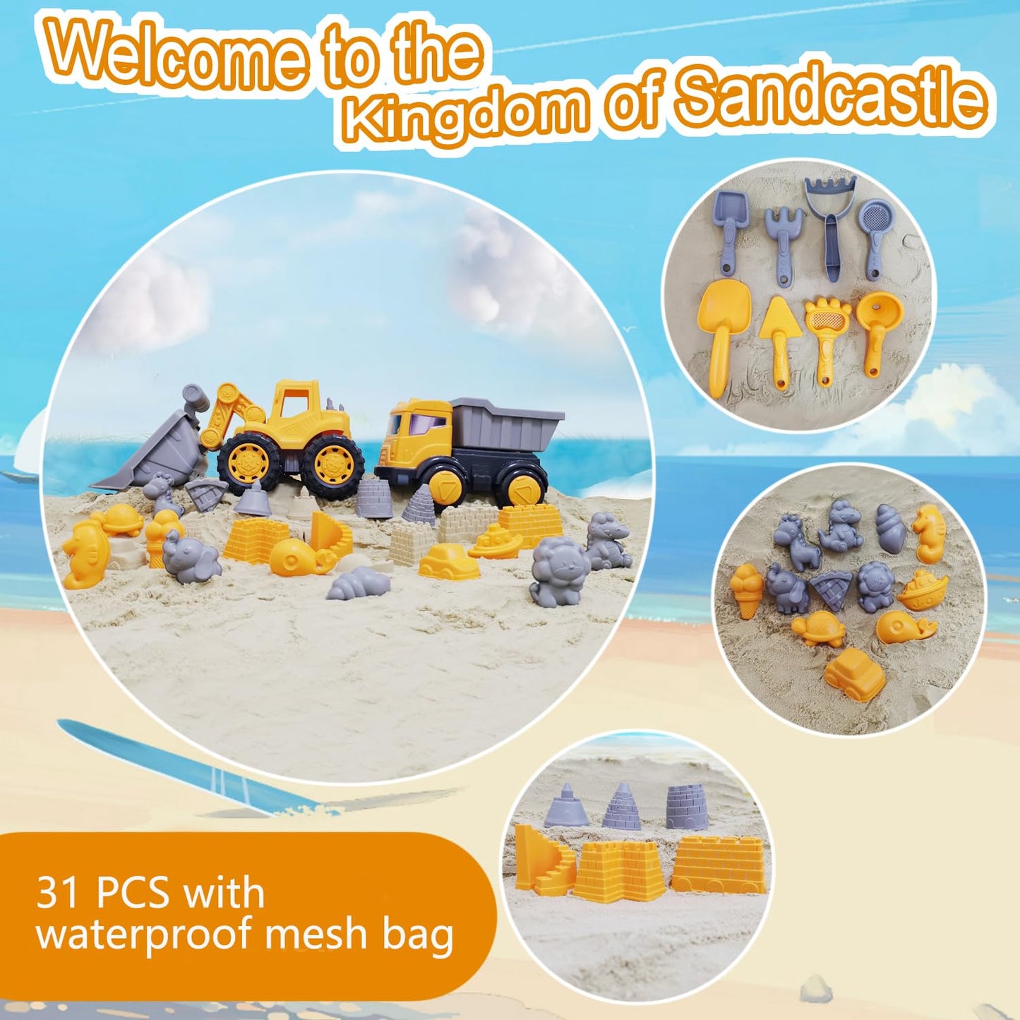 IOKUKI Long Shovel Sand Beach Toys with Big Excavator Toy, Dump Truck Toy, Construction Toys, Sand Castle Toys for Beach, Beach Rakes, Molds, Mesh Beach Bag for Kids, Toddlers, Boys & Girls (31 PCS)