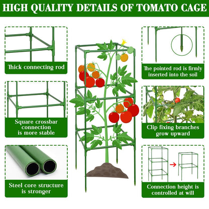 ZeeDix 45 Inch Tomato Cages 4 Pack, Heavy Duty Adjustable Metal Garden Plant Supports for Climbing Vegetables - Square Cage for Tomatoes, Cucumbers, Peas, Flowers with 40 Plant Clips