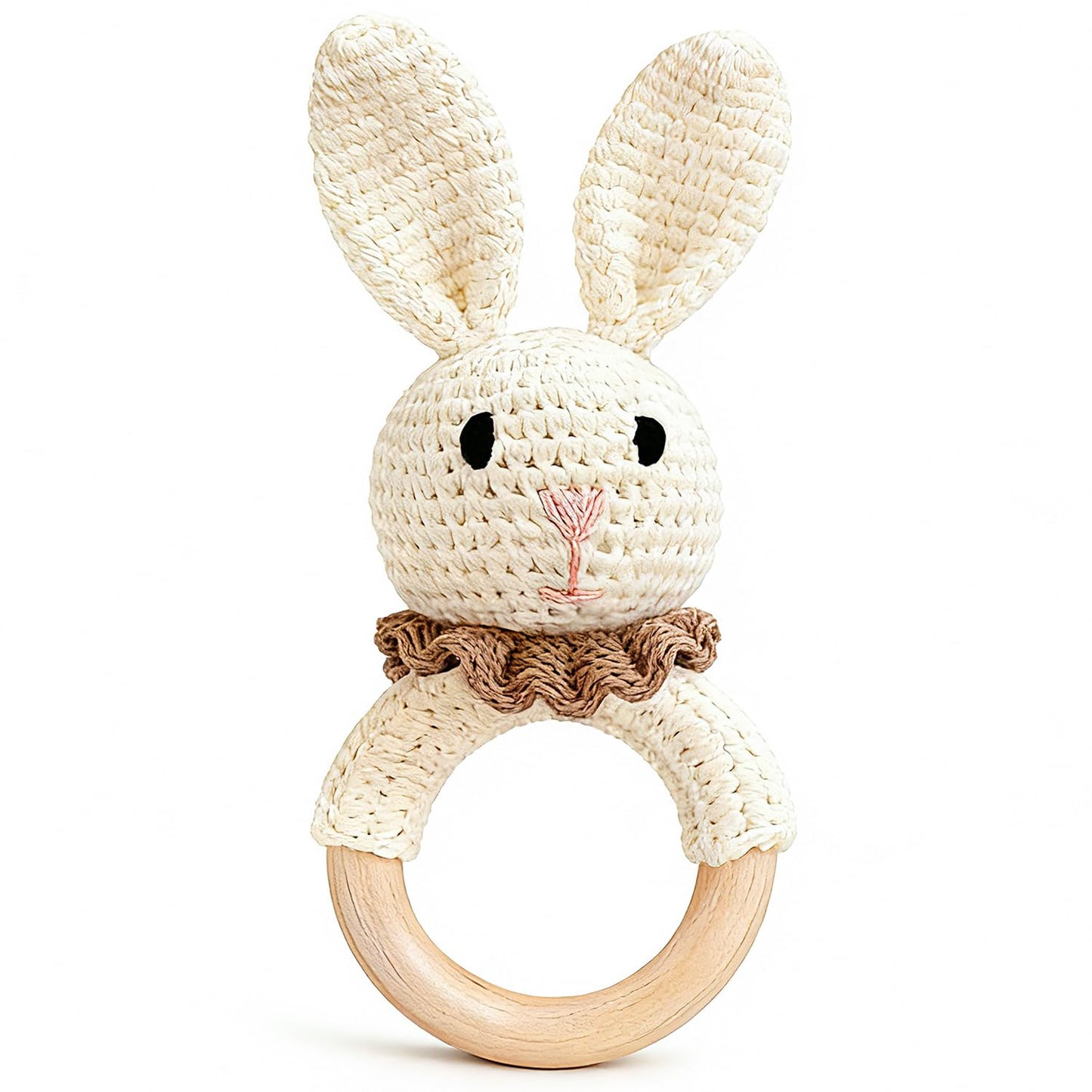 Baby Rattle Toys, Handcrafted Crochet Bunny Rattles with Wooden Teething Ring, Organic Newborn Toy Crochet Stuffed Animal Rattle Baby Announcement Ideas, Beige
