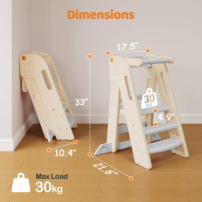 Onasti Foldable Toddler Tower Kitchen Stool Helper, Adjustable Height Learning Standing Tower with Safety Rail, Anti-Slip Steps, Kids Step Stool for Kitchen Counter and Bathroom Sink-Grey