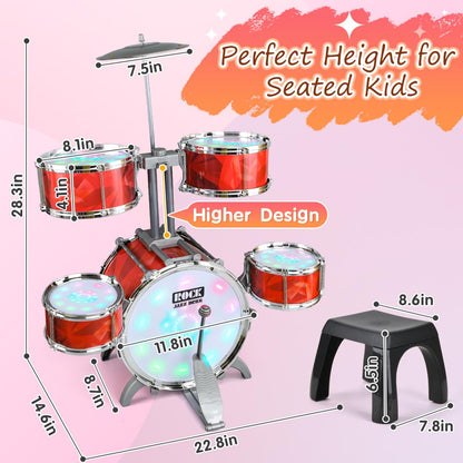 Toddlers Drum Set for Kids 1-3 3-5 with Stool Toys, Higher Bracket of Musical Drum Toys for Toddlers, Red Drumset for Girls Boys 2-4 4-6 Years