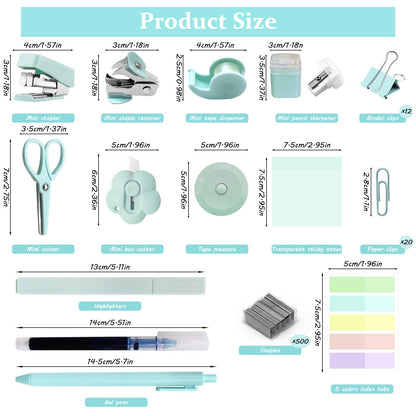 Mini Office Supplies, Teal Stapler with Staples and Tape Dispenser Set, Mini Stationary Kit Includes Sticky Notes Index Tabs Highlighters Gel Pens for Office & School Supplies (Teal)