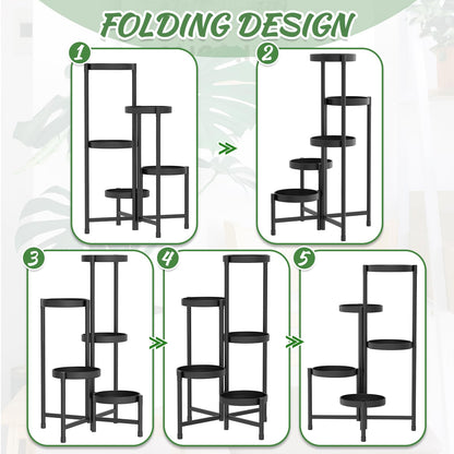 iDavosic.ly Plant Stand for Indoor Outdoor 2 Pack, 5 Tier Metal Folding Flower Holder Shelf and 4 Layer 28 Inch Tall Corner Pot Display Rack for Patio Living Room Garden Balcony Bedroom Porch, Black