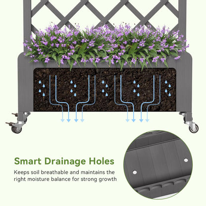 COMHOMA 2 Pack Raised Garden Bed with Trellis and Wheels,48Inch Elevated Planter Box with Drainage Holes,Lattice Privacy Screen for Climbing Plants Vegetables,Outdoor for Patio Balcony Yard,Gray