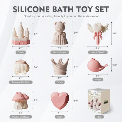 MarcZero Princess Silicone Bath Toys 8Pcs for Toddlers Kids Babies,Bathtub Water Toys,Soft Squeezable Easy-Grip Pool Toys Set (Pink)