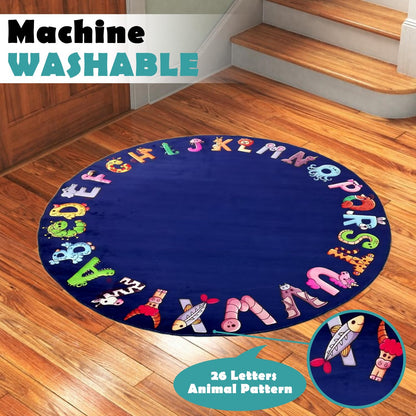 Round Kids Play Rug, ABC Rugs for Kids, Toddlers and Baby, Nursery Area Rug Soft Crawling Play Mat, Non Slip Circle Alphabet Educational Carpet for Children Playroom Classroom Bedroom Decor