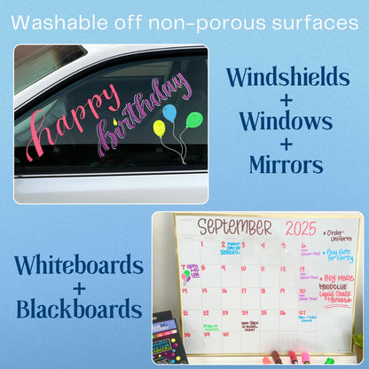 MoodClue Liquid Chalk Markers for Glass Erasable – 6 Neon Wet & Dry Erase Chalk Markers, Reversible Fine & Bold Tip, Washable Window, Mirror, Whiteboard, Blackboard & Car Window