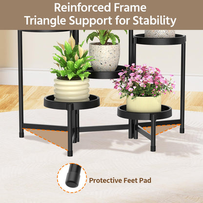 LASZOLA 6 Tiered Plant Stand Indoor Outdoor with Plastic Tray, Corner Folding Tall Flower Display Rack, Modern Plant Holder Shelf for Outdoor Patio Porch Garden Office Living Room, Black