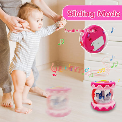 LDRYWW Baby Girl Toys 18+ Months Hand Drum Rotating Musical Light Up Sensory Activity Crawling Toys 2 3+ Year Old Infant Girls Baby Gifts (Pink)
