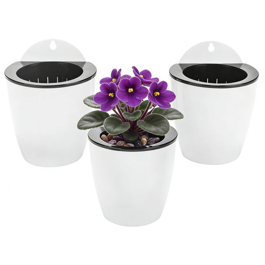 3 Pack Self Watering Wall Hanging Planter Pots Vertical Garden Window Hang Mount Indoor Outdoor Plant Flower Basket for Kitchen Herbs Balcony Railing Shelf Fence Bedroom Trellis Decor Modern White Box