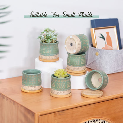 TAMAYKIM 2.75 Inch Mini Ceramic Succulent Plant Pots, Retro Tiny Planter Pots with Saucer & Drainage Hole, for Cactus, Small Plants, Set of 6, Green