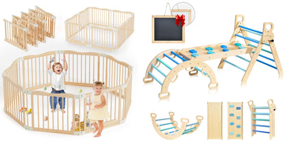 7-in-1 Foldable Wooden Toddler Climbing Toys, Foldable Wooden Playpen - Adjustable Wood Baby Play Yard