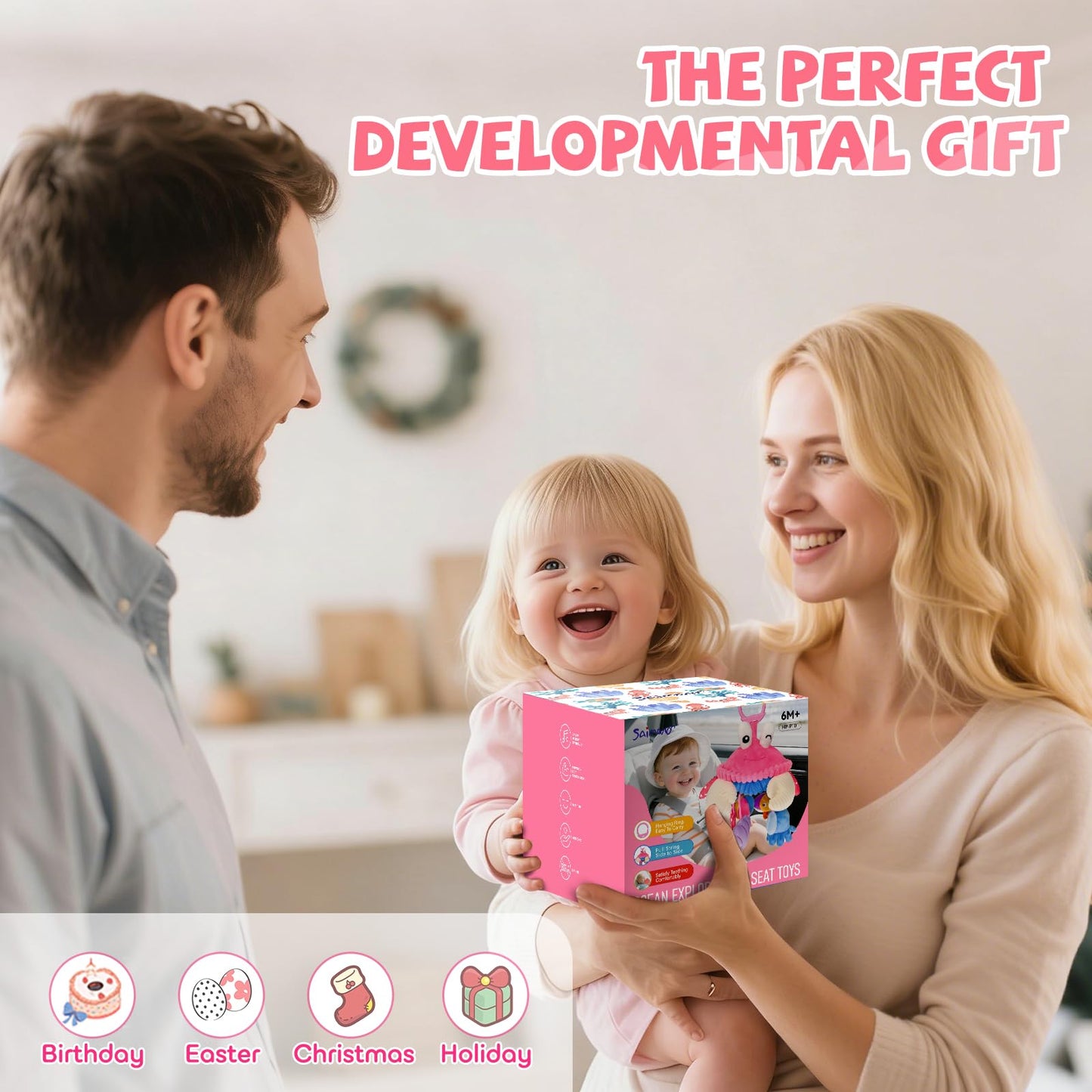 Car Seat Toys for Babies 0-6 Months, Hanging Sensory Crab Plush Toy for Stroller, Crib & Play Gym, Montessori Infant Activity Toy with Mirror, Rattle & Teether, Newborn Baby Gifts 0-12 Months (Pink)