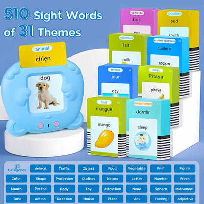 KILOGOGRAPH Bilingual English Flash Cards - French Talking Flash Cards, 510 Sight Words 31 Themes, Pocket Speech for Toddlers 3-12, Autism Sensory Toys, Preschool Learning Activities (French, Blue)
